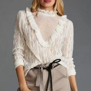 Bishop + Young Anthropologie Cream/White Ruffled V-Neck Sweater Size Small